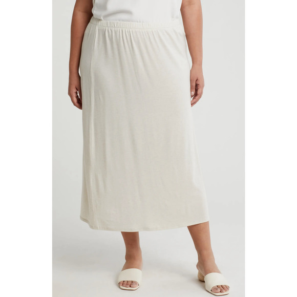 EILEEN FISHER Skirt Large Beige Stretch Jersey Knit Midi Pull On Oat Heather - Picture 2 of 12